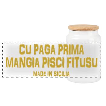 Trinacria t-shirt Sicily Sicilian proverb - Panoramic Cookie Jar with Wooden Lid - white - Front