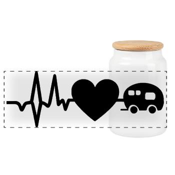 Herzschlag Camping Shirt – Herz Wohnwagen Design - Panorama Keksdose mit Holzdeckel - Weiß - Vorne