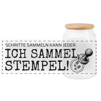 Schritte sammeln kann jeder – Ich sammel Stempel - Panorama Keksdose mit Holzdeckel - Weiß - Vorne