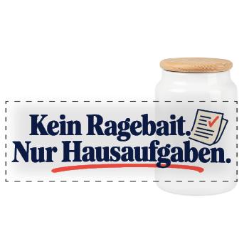 Kein Ragebait nur Hausaufgaben – Jugendwort Schule - Panorama Keksdose mit Holzdeckel - Weiß - Vorne