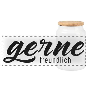 Gerne freundlich – Minimalistische Typografie - Panorama Keksdose mit Holzdeckel - Weiß - Vorne
