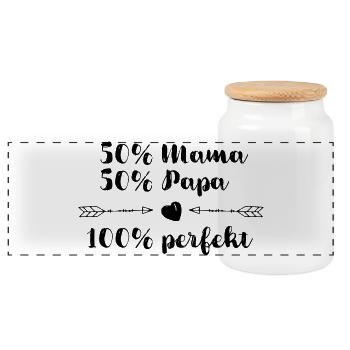 50% Mama + 50% Papa = 100% perfekt - Panorama Keksdose mit Holzdeckel - Weiß - Vorne
