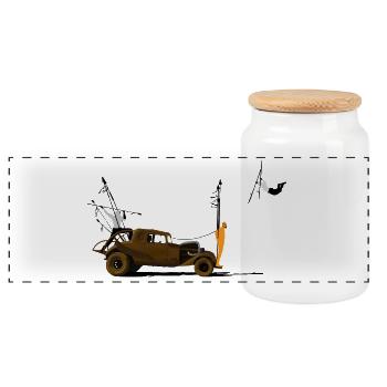 Oldtimer und orangefarbene Silhouette - Panorama Keksdose mit Holzdeckel - Weiß - Vorne