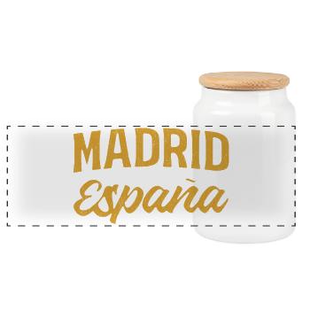 Madrid Spanien Gold Schrift - Panorama Keksdose mit Holzdeckel - Weiß - Vorne