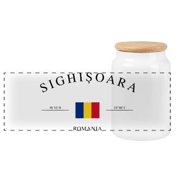 Sighișoara Romania – Holiday Souvenir & Gift - Panoramic Cookie Jar with Wooden Lid - white - Front