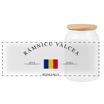 Râmnicu Vâlcea Romania – Holiday Souvenir Gift - Panoramic Cookie Jar with Wooden Lid - white - Front