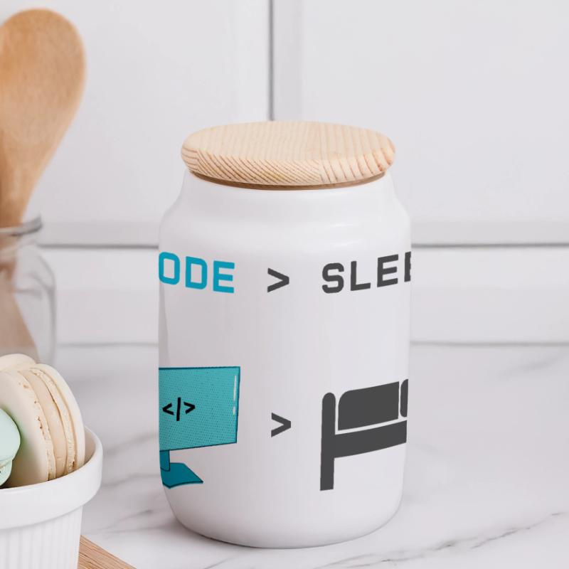 Code vs Sleep: Coder im Schlafmodus Panorama Keksdose mit Holzdeckel