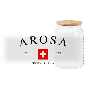 Arosa Switzerland – Holiday Souvenir & Gift - Panoramic Cookie Jar with Wooden Lid - white - Front