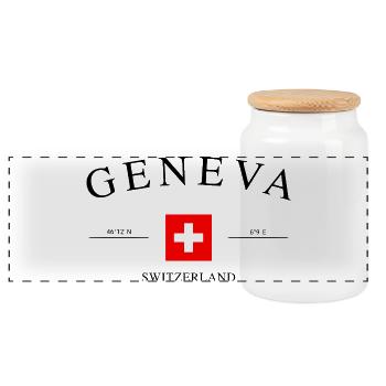 Geneva Schweiz – Urlaub Souvenir & Geschenk - Panorama Keksdose mit Holzdeckel - Weiß - Vorne