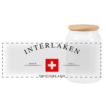 Interlaken Switzerland – Holiday Souvenir & Gift - Panoramic Cookie Jar with Wooden Lid - white - Front