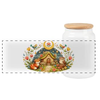 Magisches Frühlingshaus mit Fuchs und Eule  - Panorama Keksdose mit Holzdeckel - Weiß - Vorne
