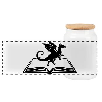 Dragon on Book Fantasy - Panoramic Cookie Jar with Wooden Lid - white - Front