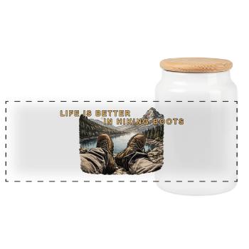 Life is better in hiking boots - Panoramic Cookie Jar with Wooden Lid - white - Front