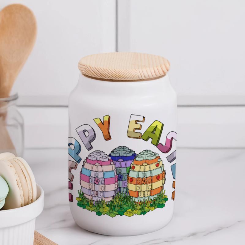 Happy Easter Brick Builder Easter Eggs Bricks Panoramic Cookie Jar with Wooden Lid