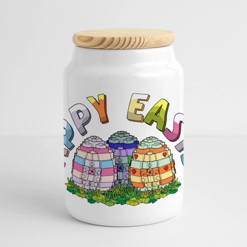 Happy Easter Brick Builder Easter Eggs Bricks Panoramic Cookie Jar with Wooden Lid