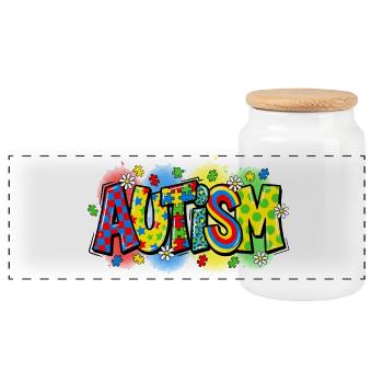 Autism Awareness Puzzle Regenbogen Design - Panorama Keksdose mit Holzdeckel - Weiß - Vorne