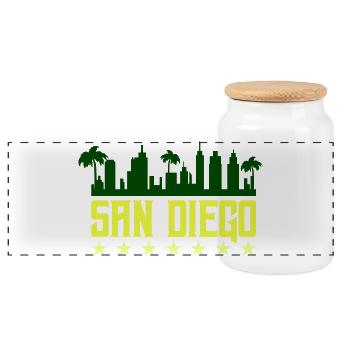 San Diego Skyline Neon Gelb - Panorama Keksdose mit Holzdeckel - Weiß - Vorne