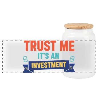 Trust Me Its An Investment Trading Card Collector - Panoramic Cookie Jar with Wooden Lid - white - Front