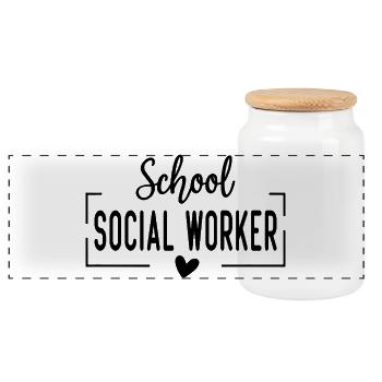 Title: School Social Worker Schulsozialarbeit Desi - Panoramic Cookie Jar with Wooden Lid - white - Front