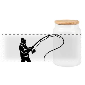 Angler silhouette fishing rod angling club - Panoramic Cookie Jar with Wooden Lid - white - Front
