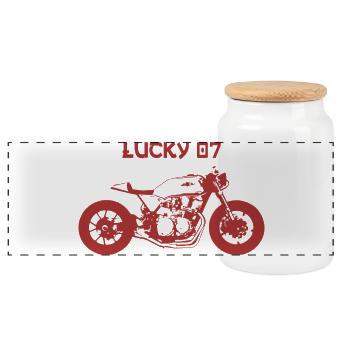 Lucky 07 Street Racer – Custom Café Racer - Panorama Keksdose mit Holzdeckel - Weiß - Vorne