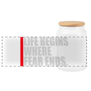 Life Begins Where Fear Ends Motivierend Zitat Logo - Panorama Keksdose mit Holzdeckel - Weiß - Vorne