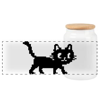 Cute Retro Pixel Cat – 8 Bit Gaming Cat - Panoramic Cookie Jar with Wooden Lid - white - Front