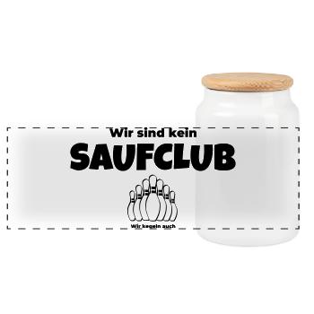 Wir sind kein Saufclub – Wir kegeln auch - Panorama Keksdose mit Holzdeckel - Weiß - Vorne