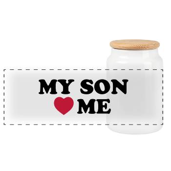 my son loves me - Panoramic Cookie Jar with Wooden Lid - white - Front