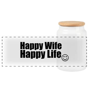 Happy Wife, Happy Life - Panorama Keksdose mit Holzdeckel - Weiß - Vorne