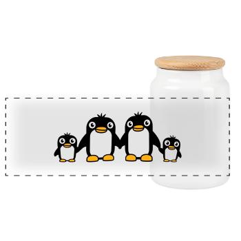 4 Pinguine Papa Mama zwei Kinder Baby Hände halten - Panorama Keksdose mit Holzdeckel - Weiß - Vorne