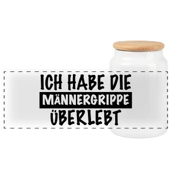 lustiger Spruch MÄNNERGRIPPE ÜBERLEBT kranker Mann - Panorama Keksdose mit Holzdeckel - Weiß - Vorne