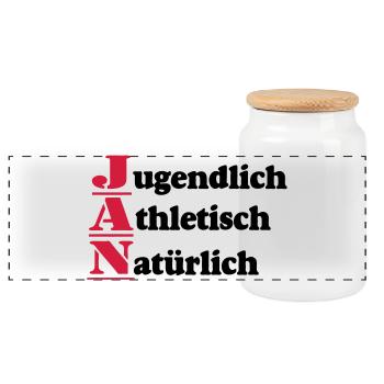 Jan , Vorname,Namensschild,Name,Fun Shirt (25) - Panorama Keksdose mit Holzdeckel - Weiß - Vorne