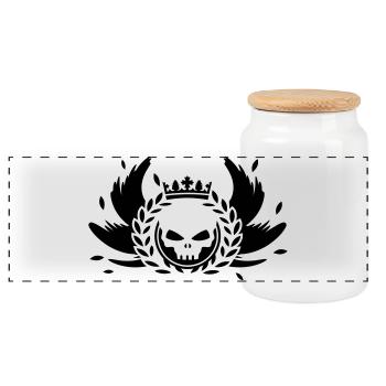 Skull with crown, wings and laurel wreath - Panoramic Cookie Jar with Wooden Lid - white - Front