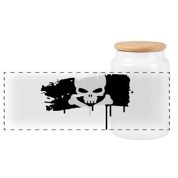 Piratenflagge als dicker Pinselstrich mit Schädel - Panorama Keksdose mit Holzdeckel - Weiß - Vorne