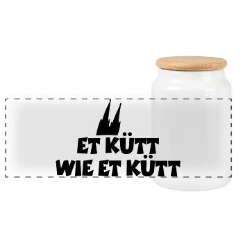 Köln Spruch Et kütt wie et kütt mit Kölner Dom - Panorama Keksdose mit Holzdeckel - Weiß - Vorne