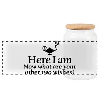 Here I am, now what are your other two wishes - Panoramic Cookie Jar with Wooden Lid - white - Front