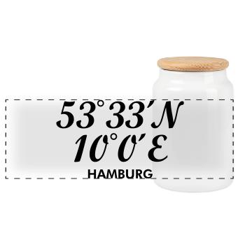 Hamburger Koordinaten von Hamburg - Panorama Keksdose mit Holzdeckel - Weiß - Vorne