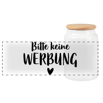 Bitte keine Werbung Herz Briefkasten - Panorama Keksdose mit Holzdeckel - Weiß - Vorne