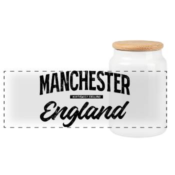 Manchester England Vintage Lettering - Panoramic Cookie Jar with Wooden Lid - white - Front