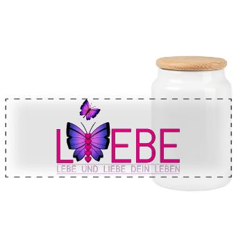 Lebe Liebe Dein Leben Schmetterling - Panorama Keksdose mit Holzdeckel - Weiß - Vorne