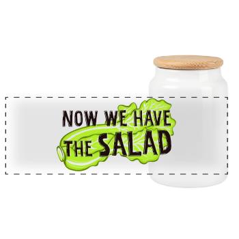 Now we have the salad. Denglisch, Salat, Veggie - Panorama Keksdose mit Holzdeckel - Weiß - Vorne
