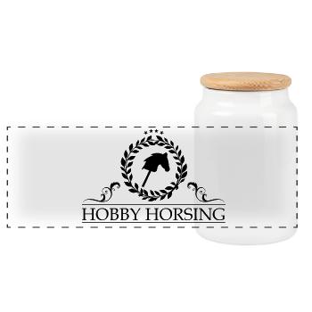 Hobby Horsing Logo mit Lohrbeerkranz - Panorama Keksdose mit Holzdeckel - Weiß - Vorne