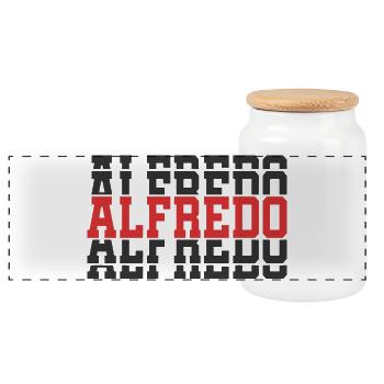 Alfredo T-Shirt mit gestapeltem Text, Geschenkidee, T-Shirt - Panorama Keksdose mit Holzdeckel - Weiß - Vorne