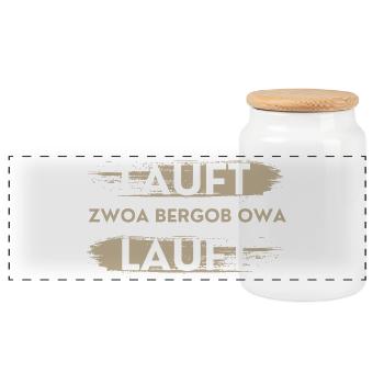 läuft zwoa bergob owa läuft, lustiger Spruch - Panorama Keksdose mit Holzdeckel - Weiß - Vorne