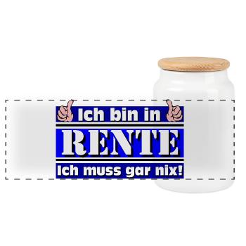 Ich bin in Rente – Ich muss gar nix! - Panorama Keksdose mit Holzdeckel - Weiß - Vorne