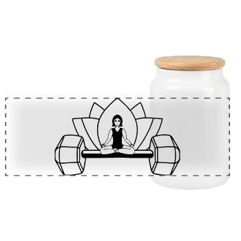 Woman meditating on dumbbell - Panoramic Cookie Jar with Wooden Lid - white - Front