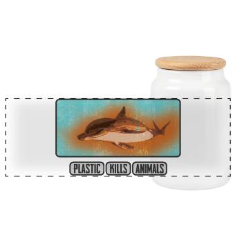 Underwater world against plastic waste with dolphin - Panoramic Cookie Jar with Wooden Lid - white - Front