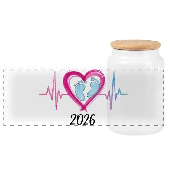 Baby 2026 ECG Heartbeat Baby Feet Cute Gift - Panoramic Cookie Jar with Wooden Lid - white - Front