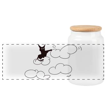 Un mignon chat noir qui taquine un nuage duveteux. Comique. - Boîte à biscuits avec couvercle en bois - blanc - Devant